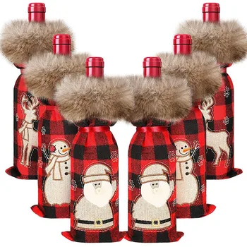 

6 Pieces Christmas Buffalo Plaid Wine Bottle Cover Decorative Wine Bottle Sweater with Faux Fur Collar Holder Bags