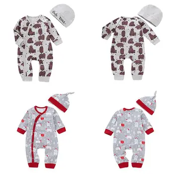 

New 2Pcs Autumn Newborn Boys Girls Rompers Set Long Sleeve Cartoon Pattern Bodysuit Jumpsuit With Hat