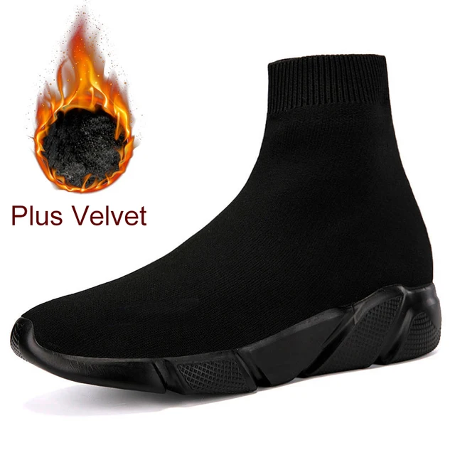Women Shoes Unisex Short Plush Shoes HighTop Men Socks Boots Soft Sneakers Women Large Size 35-46 Women Platform Vulcanize Shoes Velvet All Black