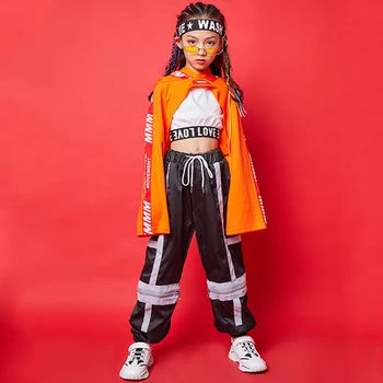 

Girls's Jazz Dance Clothing Orange Navel Tops Popular Loose Pant Stage Children Dancing Street Wear Hip Hop Clothes Kids Costume