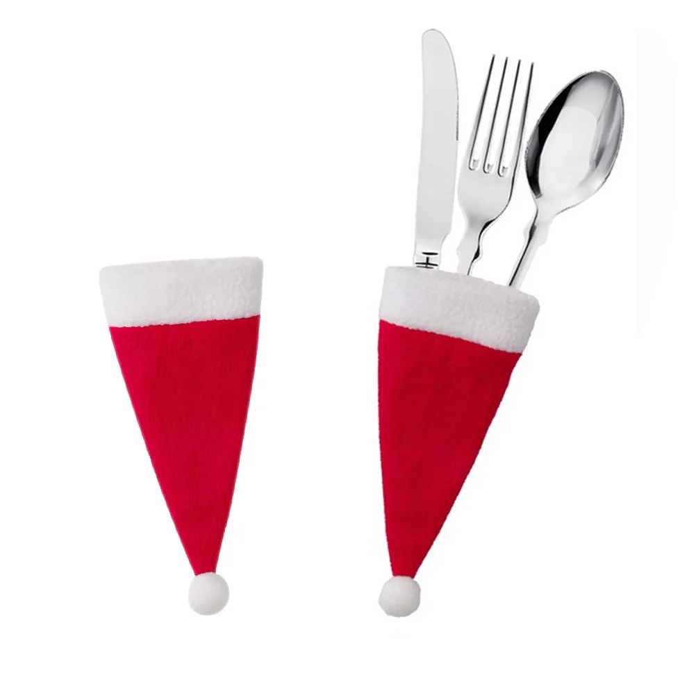 24pcs Mini Santa Claus Hat Christmas Winebottle Cap Bag Cutters Forks Bag Mini Santa Hat Cutlery Bag For Xmas Party Kitchen Home