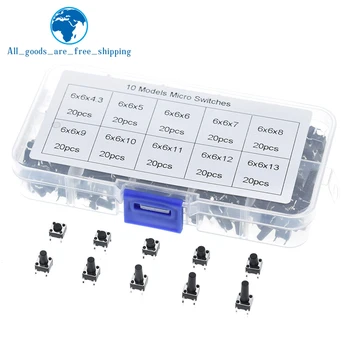 

10 models 200pcs 6*6 Tact Switch Tactile Push Button Switch Kit, Height: 4.3MM~13MM DIP 4P micro switch 6x6 Key switch