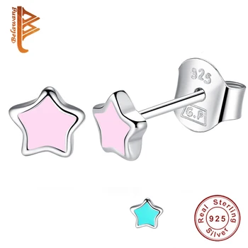 

2019 New Pink/Blue Enamel Small Earring Authentic 925 Sterling Silver Star Stud Earrings for Children Girl Lovely Jewelry Gift