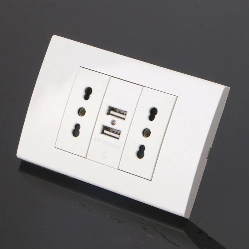 

16A WallDouble Italian/Chile Plug Power Socket Adapter Dual USB Ports Panel 5V 1A