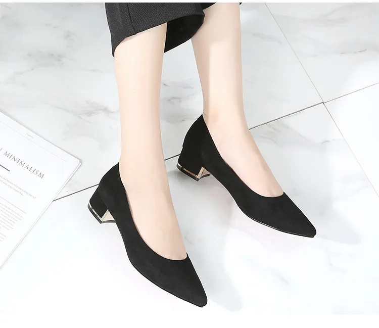 Big Size 34-43 Women Suede Leather Shoes 3.5CM High Heels Ladies Dress Work Shoes Slip On Pumps Woman Square Heels Wedding Shoes