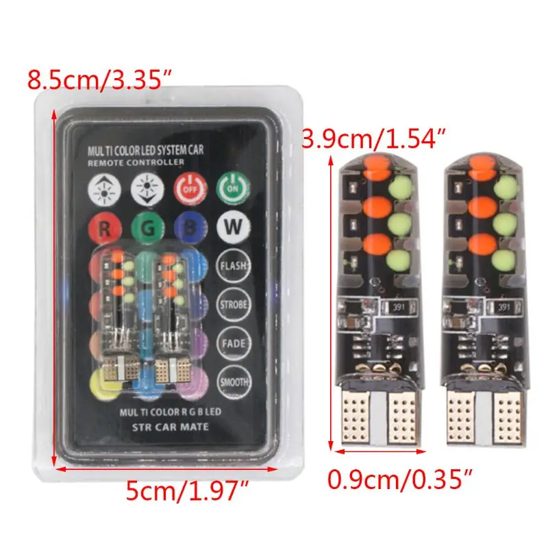 T10 W5W RGB LED 전구, 원격 제어 스트로브 플래시 자동차 주차 조명 Y5GF, 2 개