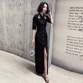

Sexy Chinese Evening Party Gown Lady Turn-down Collar Shirt Dress With High Split Plus Size 3XL Qipao Noble Vestidos Cheongsam