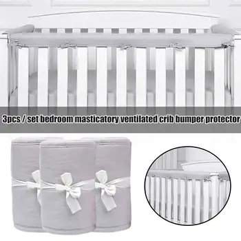 

3pcs/set Solid Baby Crib Bumper Protector Padded Cover Full Wrap Home Bedroom Beddings Easy Install Front Rails Safe Teething