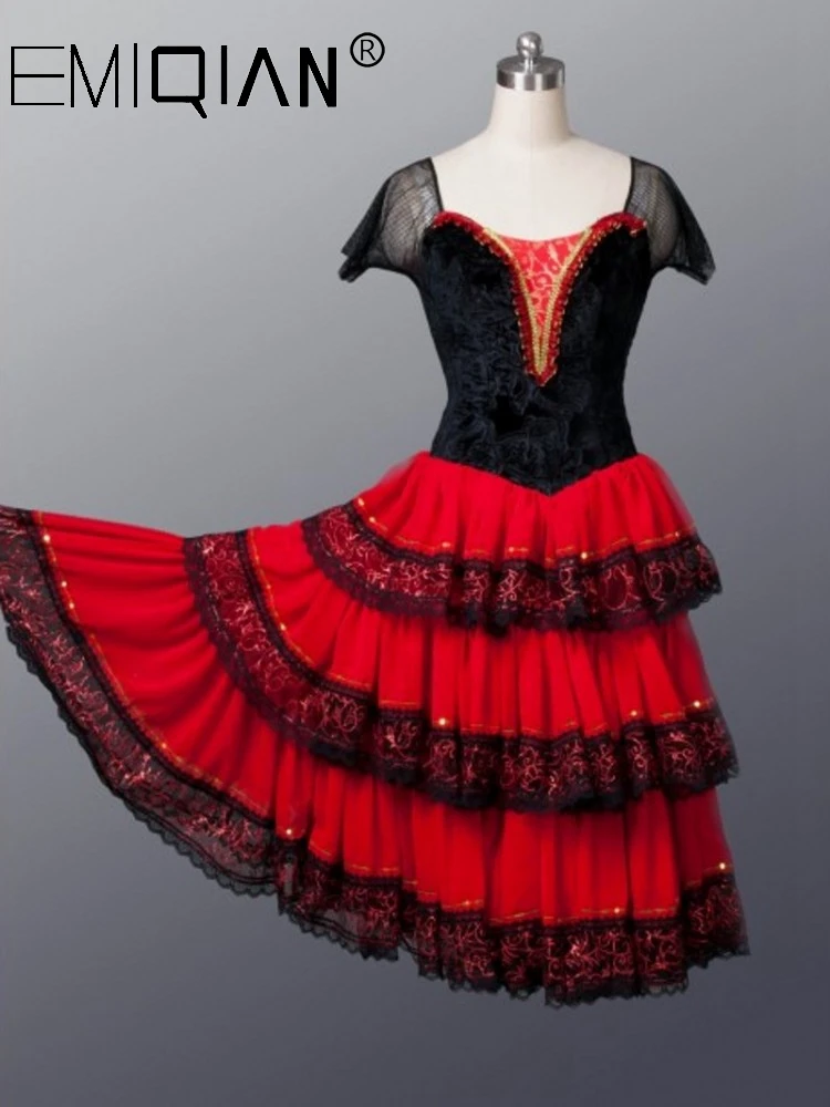Professionele Ballet Lange Tutu, Spaanse Dans Kostuum, Don Quichot Volwassen Zwart Rood Romantische Tutu, spaans Kitri Dans Ballet Jurk