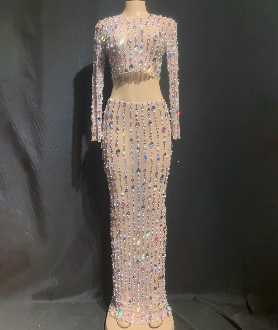 nude 2 pcs set Стразы, пикантная одежда, модное длинное платье с разноцветными кристаллами и жемчугом, женская одежда для празднования дня рождения, вечеринки, прозрачная вечерняя одежда - Цвет: nude 2 pcs set
