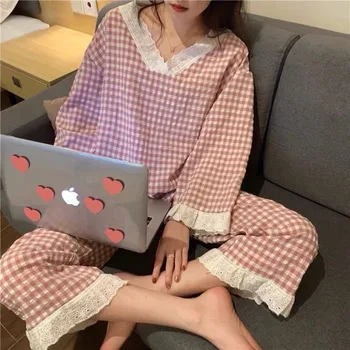 

A new ins pajamas women's day tie lattice simple sweet net red long sleeve lace girl home suit two sets