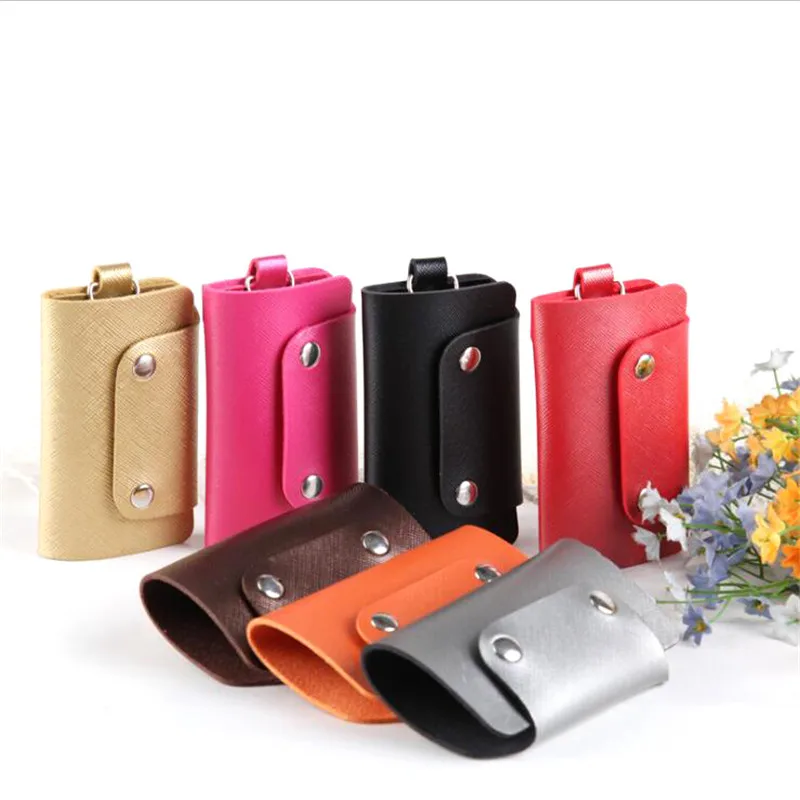 Portable Leather Key Holder Car Keychain Bag Case Unisex Wallet Cover Simple Solid Color Storage Bag