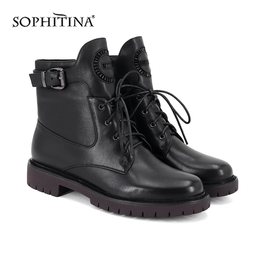 SOPHITINA/модные однотонные ботинки из высококачественной коровьей кожи с круглым носком; удобная обувь на квадратном каблуке; новые ботильоны на шнуровке; SC394