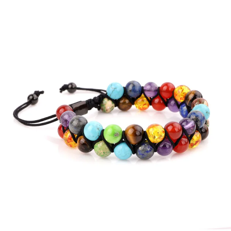 High Quality 7 Charka 8mm Stone Beads Double Layer Link Cord Bracelet Adjustable Woven Wrap for Women Men - Image 2
