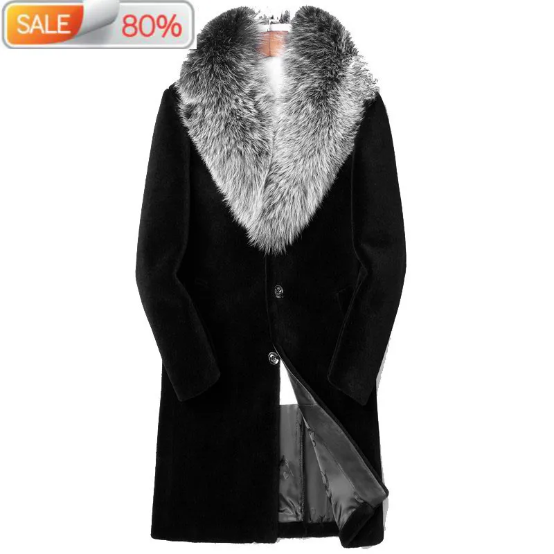 

Real Sheep Shearling Winter Jacket 100%Wool Fox Fur Collar Long Coat Men Plus Size LSY0AA333 ND1130