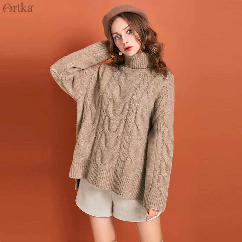 

ARTKA 2019 Winter New Women Sweater Elegant 4 Colors Turtleneck Sweaters Thicken Warm Loose Pullover Sweater For Women YB10893Q