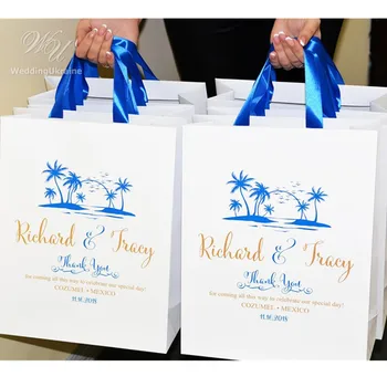 

20 Beach Wedding Thank You Bags with Royal Blue satin ribbon and Gold names, Tropical Wedding Welcome gift Bag favors guests