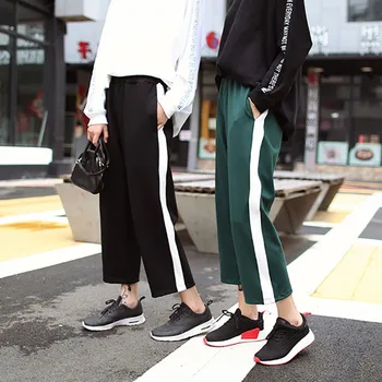 

Women Pants High Waist Casual Trousers Solid Color Sport Thin Section Wide Leg Nine Pants