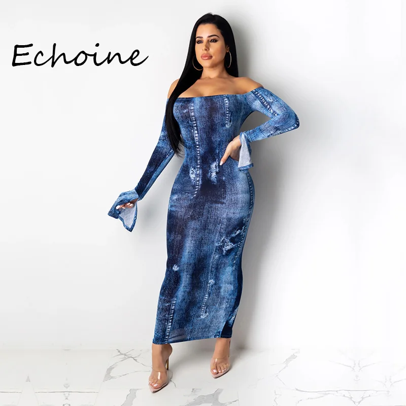 

2020 Spring Women Denim Jeans Dress Slash Neck Off Shoulder Long Sleeve Bodycon Dress Club Party Night blue color