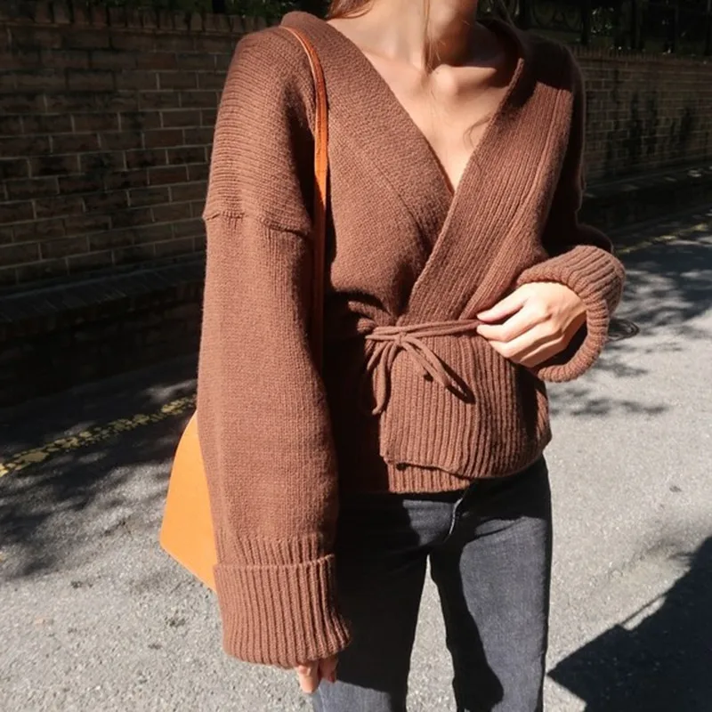 Brown cardigan RICININA, вязаный свитер, женский кардиган, пальто, длинный рукав, глубокий v-образный вырез, на шнуровке, однотонный, винтажный, свитера, женские, элегантные кардиганы - Цвет: Brown cardigan