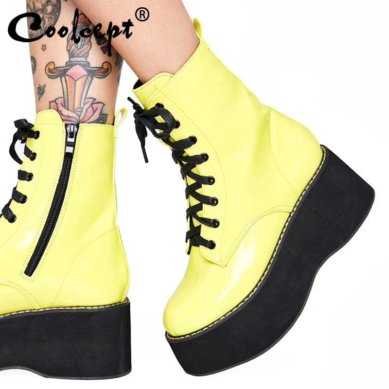 

Coolcept Women Ankle Boots Casual Thick Bottom Platform Shoes Women Autumn Winter Lace Up Zipper Punk Footwear Size 33-43