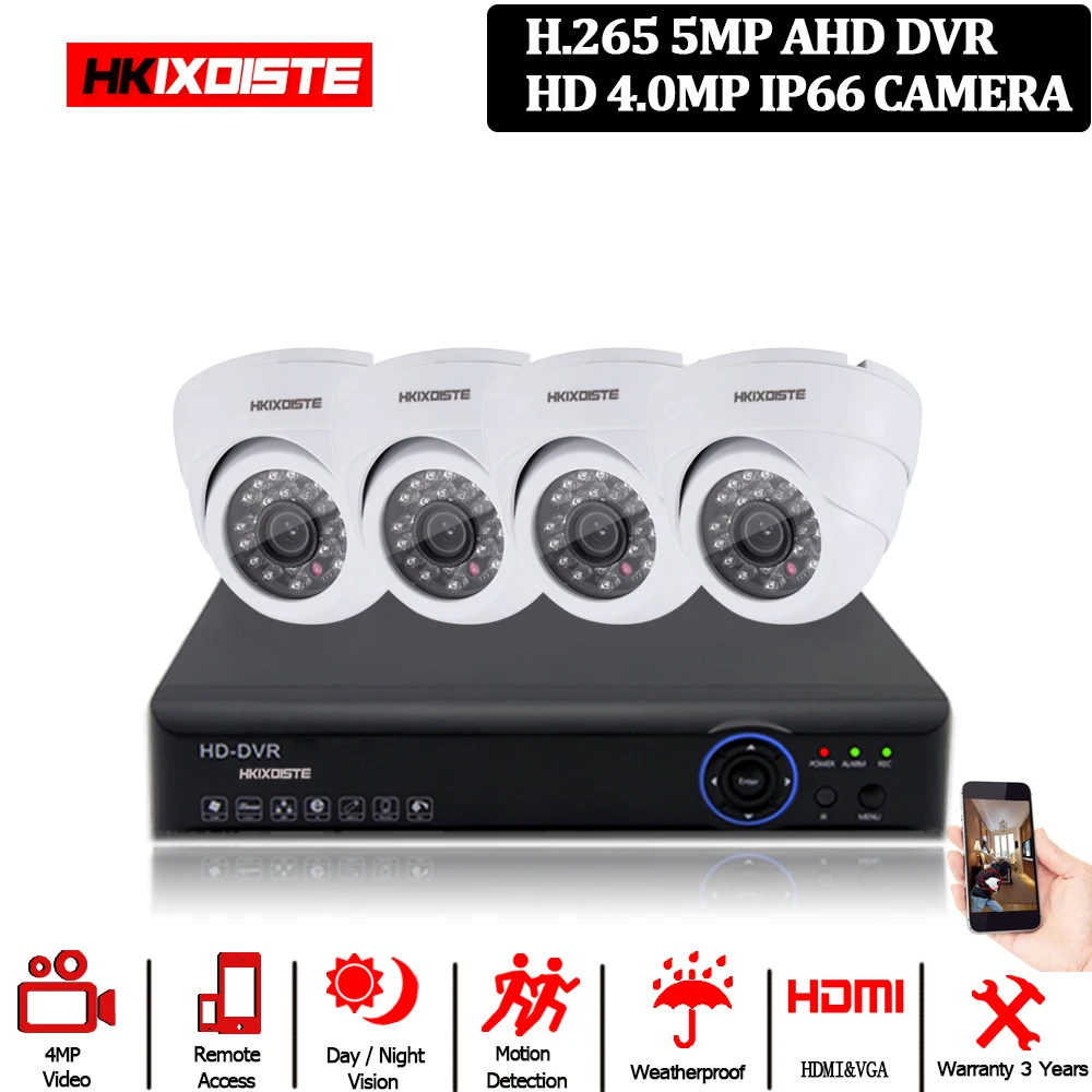  4 Channel CCTV Security camera with AHD 5MP DVR System 4 x 4MP Wihte Black Dome Camera video survei - 32851399032