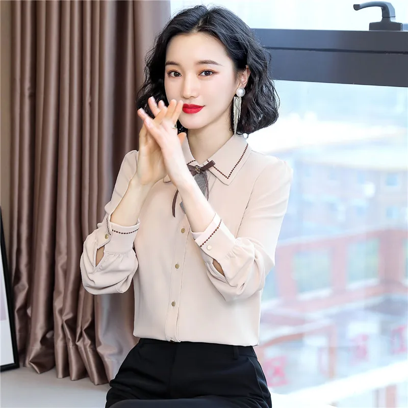 Женская шифоновая блузка с бантом на воротнике Повседневная офисная длинным рукавом размера плюс|Блузки| |