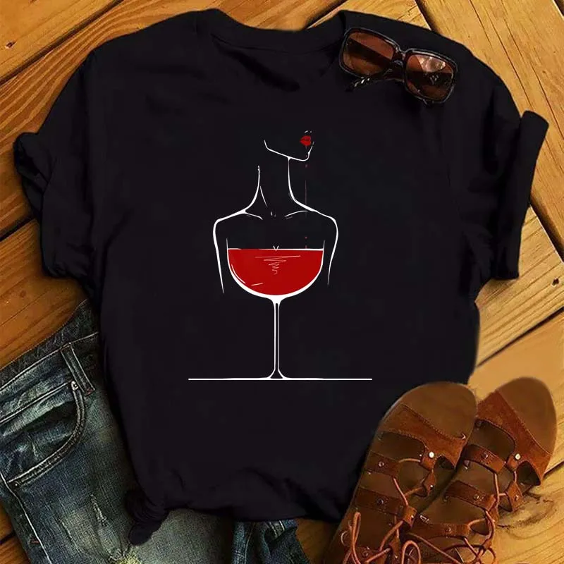 Funny T-Shirt Women Fashion Wine Glasses Print T-Shirt Black Shirts Casual Ladies Tshirt Korean Style Women's Tops Tees graphic tees women