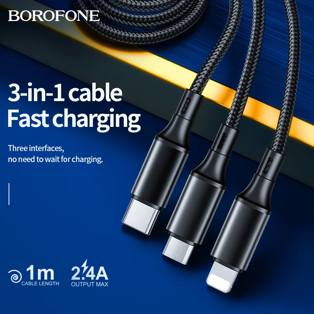 BOROFONE – câble Micro USB/type-c 3 en 1 pour recharge rapide et transfert de données, cordon de chargeur usb-c pour téléphone iPhone 12/11/Pro/XS/Max/Samsung/Xiaomi