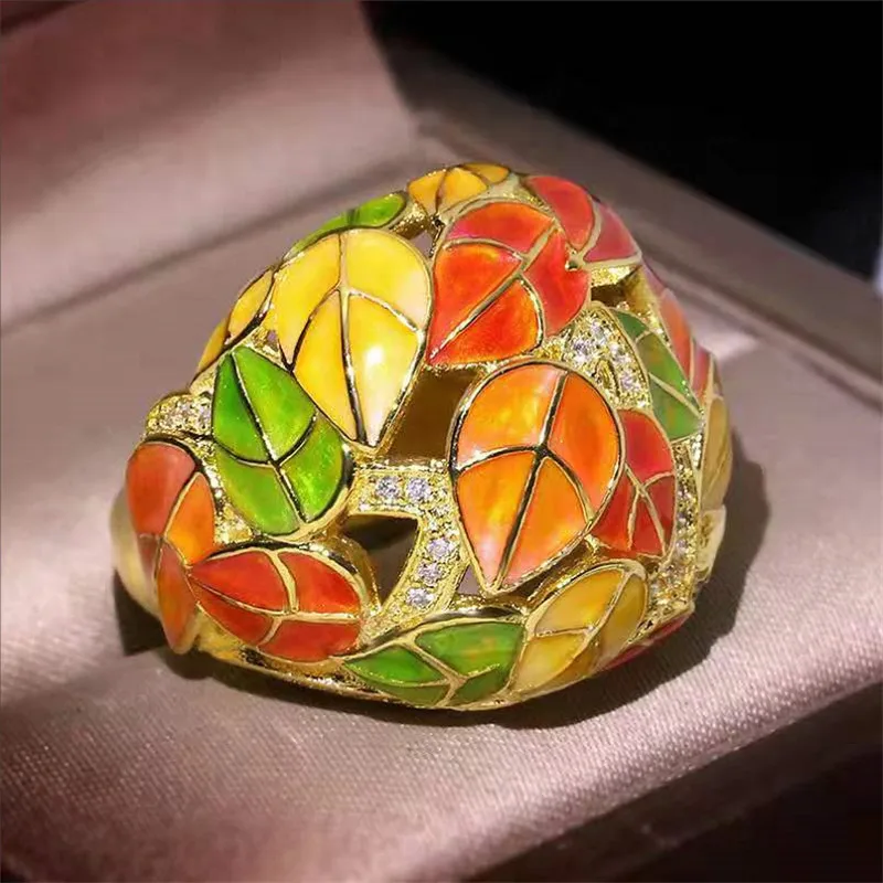 FFLACELL New Female Hand-Painted Oil Leaf Colorful Ring Is Suitable For Banquet Holiday Anniversary Jewelry Gift | Украшения и