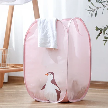 

Sundries Storage Box Folding Mesh Clothes Penguin Print For Home Storage Washing Laundry Basket Children's Toys