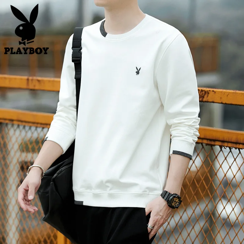 PLAYBOY/Новинка, однотонный пуловер с длинными рукавами, с длинными рукавами, с буквенным принтом, мужские свитшоты, черно-белые свитшоты, Размер 4XL, PB6050