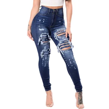 

Women Slim Jeans Washed Ripped Hole Gradient Long Denim Sexy Regular Pant Femme High Waist Regular Pants Jeans #T1G