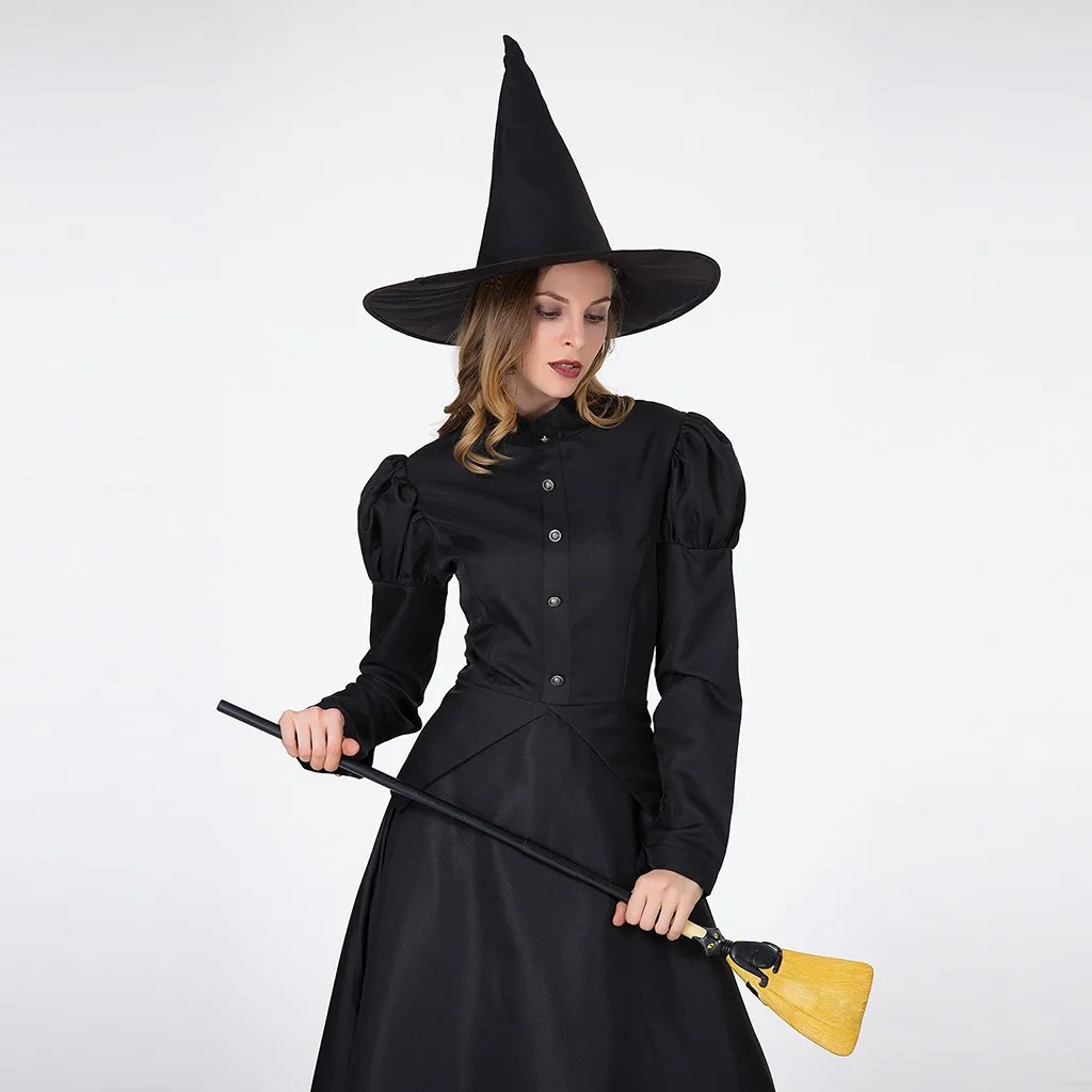 Женское Макси-Платье на Хэллоуин, новинка года, зимнее модное однотонное платье ведьмы для костюмированной вечеринки, платье с длинными рукавами+ шляпа, комплект одежды, костюм FC