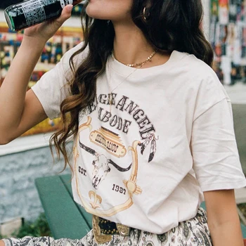 

Karajuku Vintage Beige T Shirts 2020 New Cotton Female Short Sleeve O Neck Summer Tshirt Tops Boho Loose Casual Women T Shirt