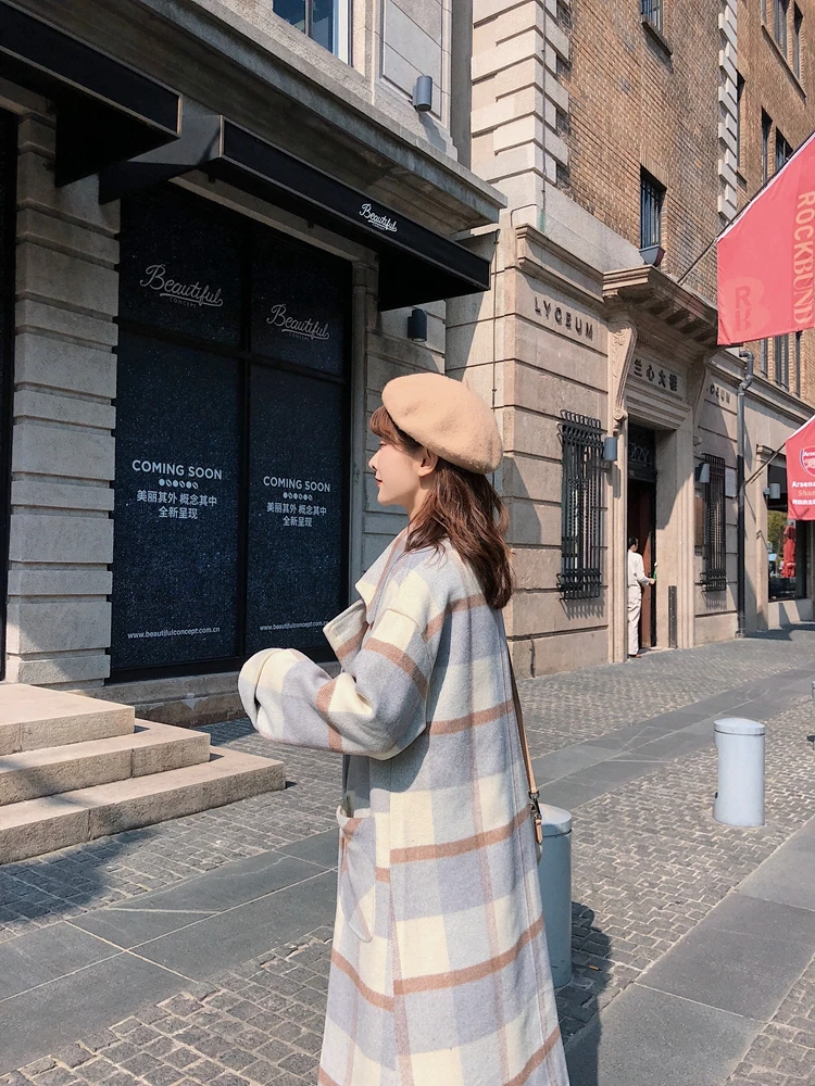 New Autumn Winter Women Long Wool Blends Jackets Women Fashion Plaid Office Ladies Jackets Trench Coats Outerwear WJ200