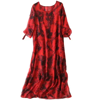 

Summer Casual A-line Round Neck Red Printed Women Dress Elegant 100% Silk Long Office Dress Vintage High Quality Dress