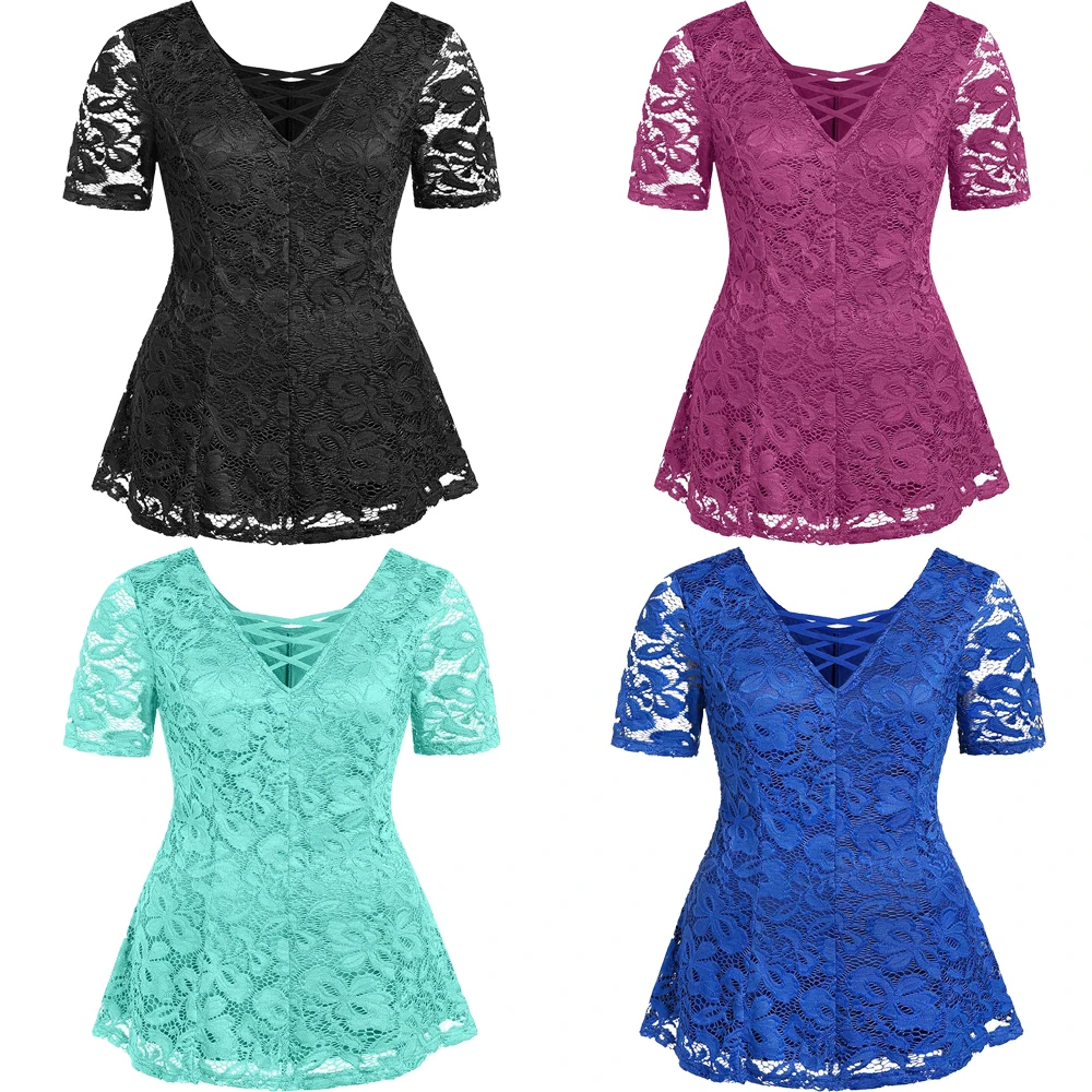 

Slim Fit Blouse Women Short Sleeve Tops Shirt Casual Lace Tops Shirt Fashion Hollow Out Women Ladies Clothing Tops Big Size 6XL