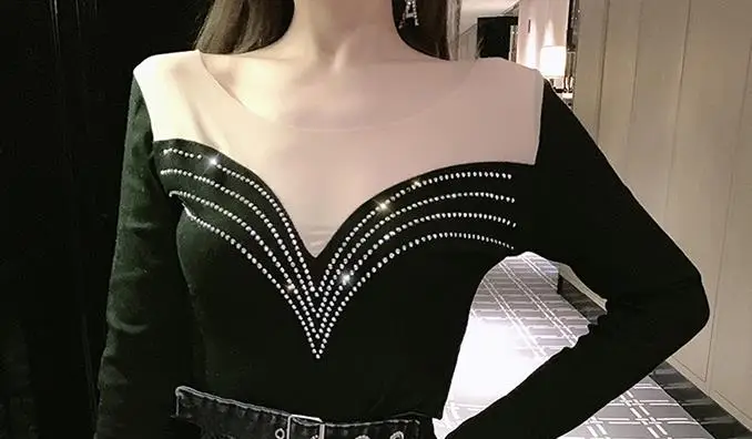 WHITNEY WANG футболка Весенняя модная Уличная Сексуальная сетчатая Лоскутная тонкая футболка с бриллиантами Женская футболка Женские топы