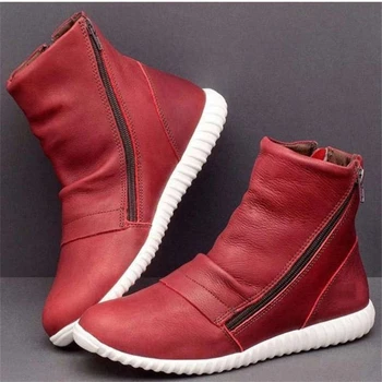 

New Women Leather Ankle Boots Autumn Vintage zipper Women Shoes Comfortable Flat Heel Boots Female Short Boots Large size43