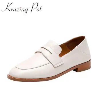 

Krazing pot full grain leather high quality cozy square toe low heels deep mouth slip on classic colors fashion spring pumps L01