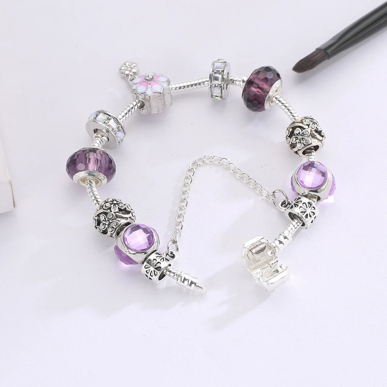 purple Crystal pan Bracelets&Bangles Trendy silver flower Charm Bracelets For Women Classic Jewellery Pulseira Feminina