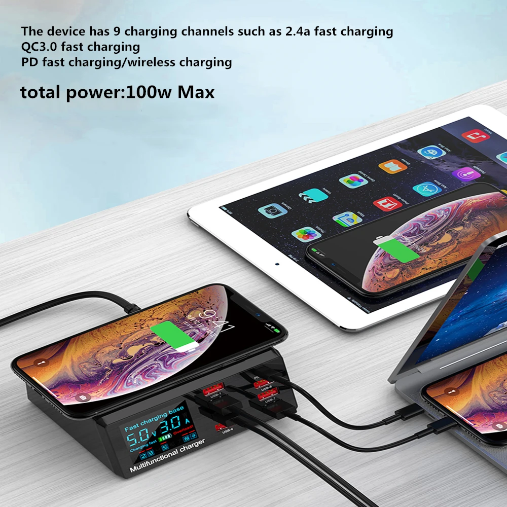 

100W Wireless Usb Dock 18w Pd QC3.0 Intelligent Fast Station Display Led 8 Usb Portals For Samsung For Huawei For Iphone