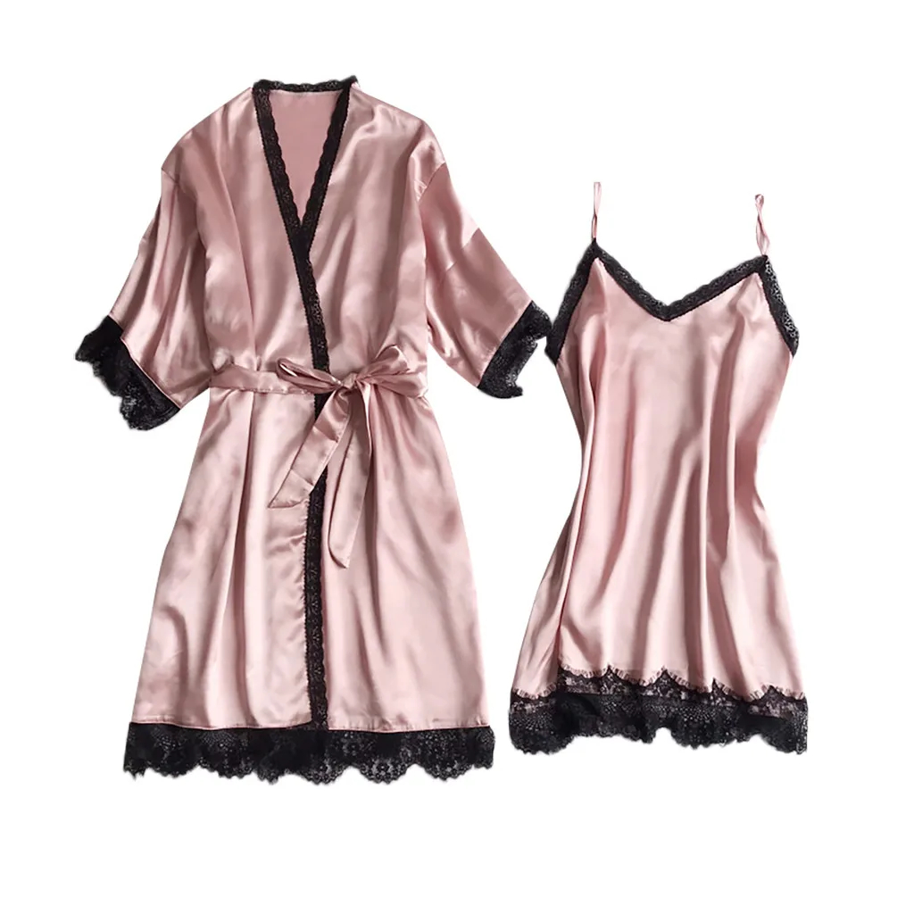 Женское сексуальное шелковое кимоно платье babydoll кружевное нижнее белье Пояс Ночная рубашка в комплекте с купальным халатом кружевные пижамы женский халат#30