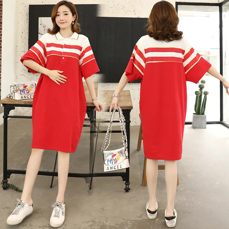 

2019 Summer New Style T-shirt Polo Collar Maternity Top Fashion Short Sleeve Summer Skirt Loose-Fit Pregnant Women Dress