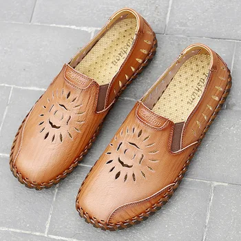 

2020 New Men Net Shoes Holes Genuine Leather Summer Casual Men Sandals Men Loafers shoes Lazy Style Breathable Large Size 38-47