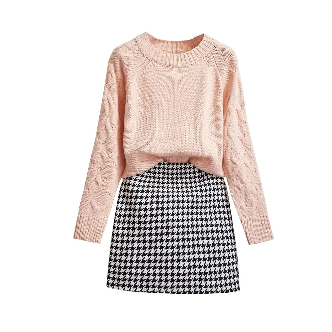 

New Winter Loose Knitting Round Collar Sweater Plover Short Skirts Two Pcs Clothing Set Knitted Suits Pullover Top Outfit