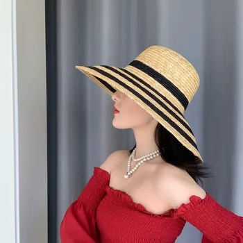 

French retro foreign trade original invoice striped wheat straw big hat brim vacation straw hat female sunshade beach hat