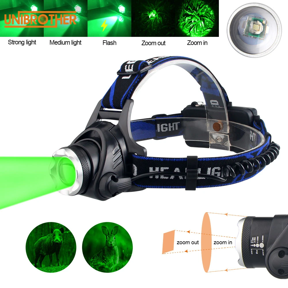 2000LM Q5 Zoomable Headlamp Green/Red/UV 395nm Light Outdoor UV