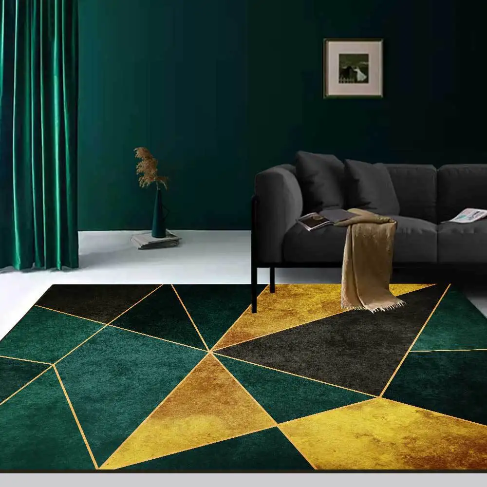 

Fashion modern light luxury dark green golden triangle geometry living room bedroom bedside carpet mat customization